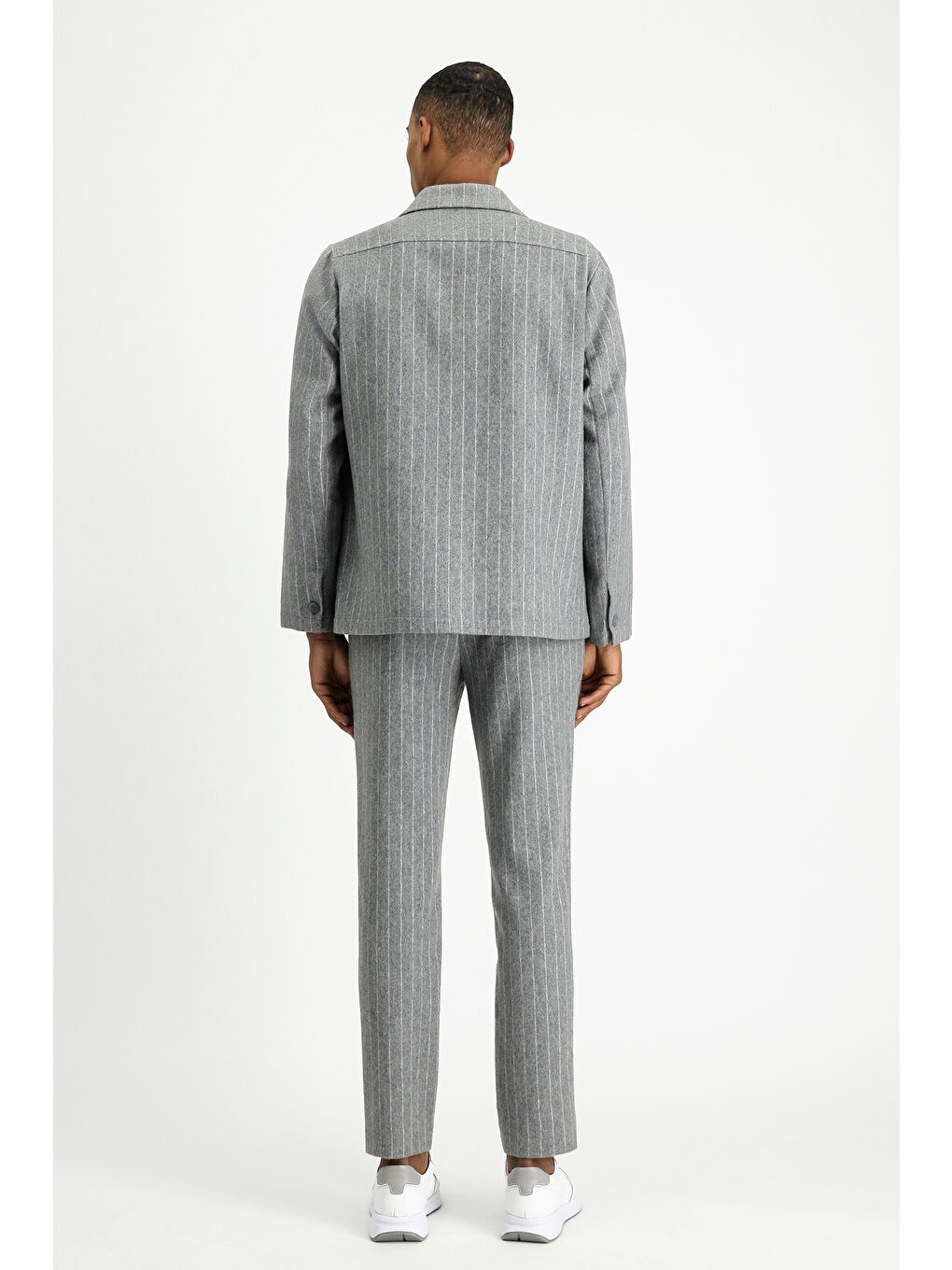 Gri Slim Fit Dar Kesim Yünlü Beli Lastikli İpli Çizgili Klasik Kumaş Pantolon-5