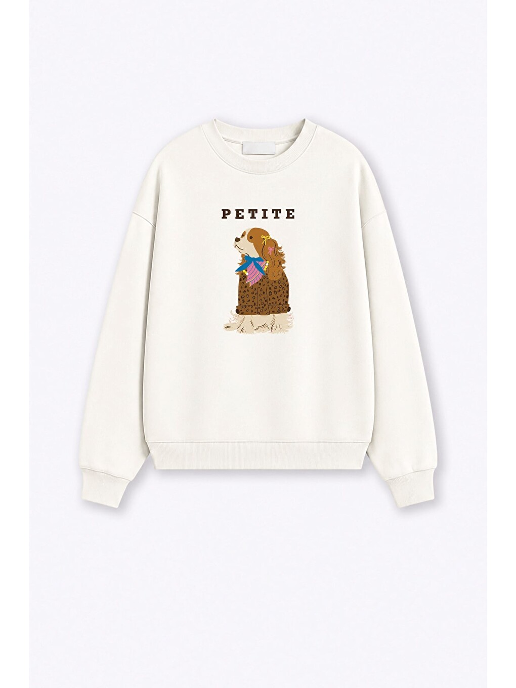 Ekru Kadın Premium Kumaş 3 İplik Şardonlu Köpek Baskılı Sweatshirt