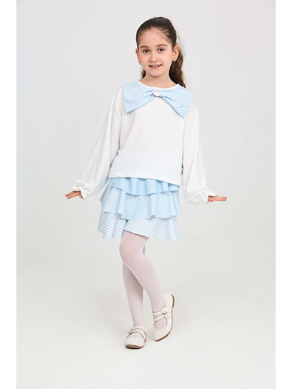 Mavi Kız Çocuk 2'li Elbise -Kat Kat Etekli ve Fiyonk Detaylı 3-12 Yaş 12520