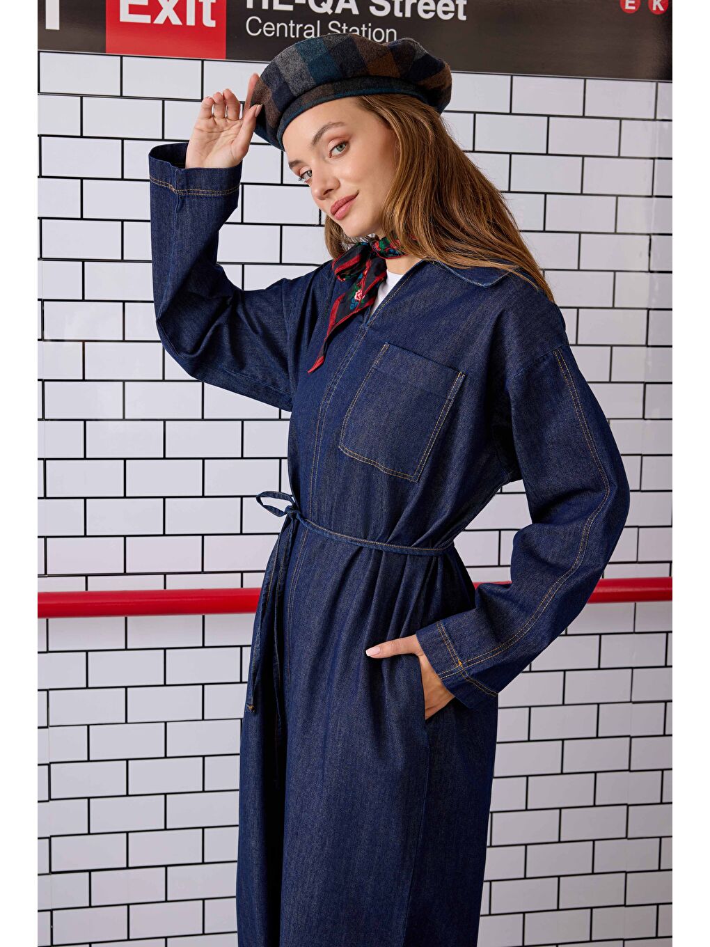 Uzun Denim Elbise Mavi-1