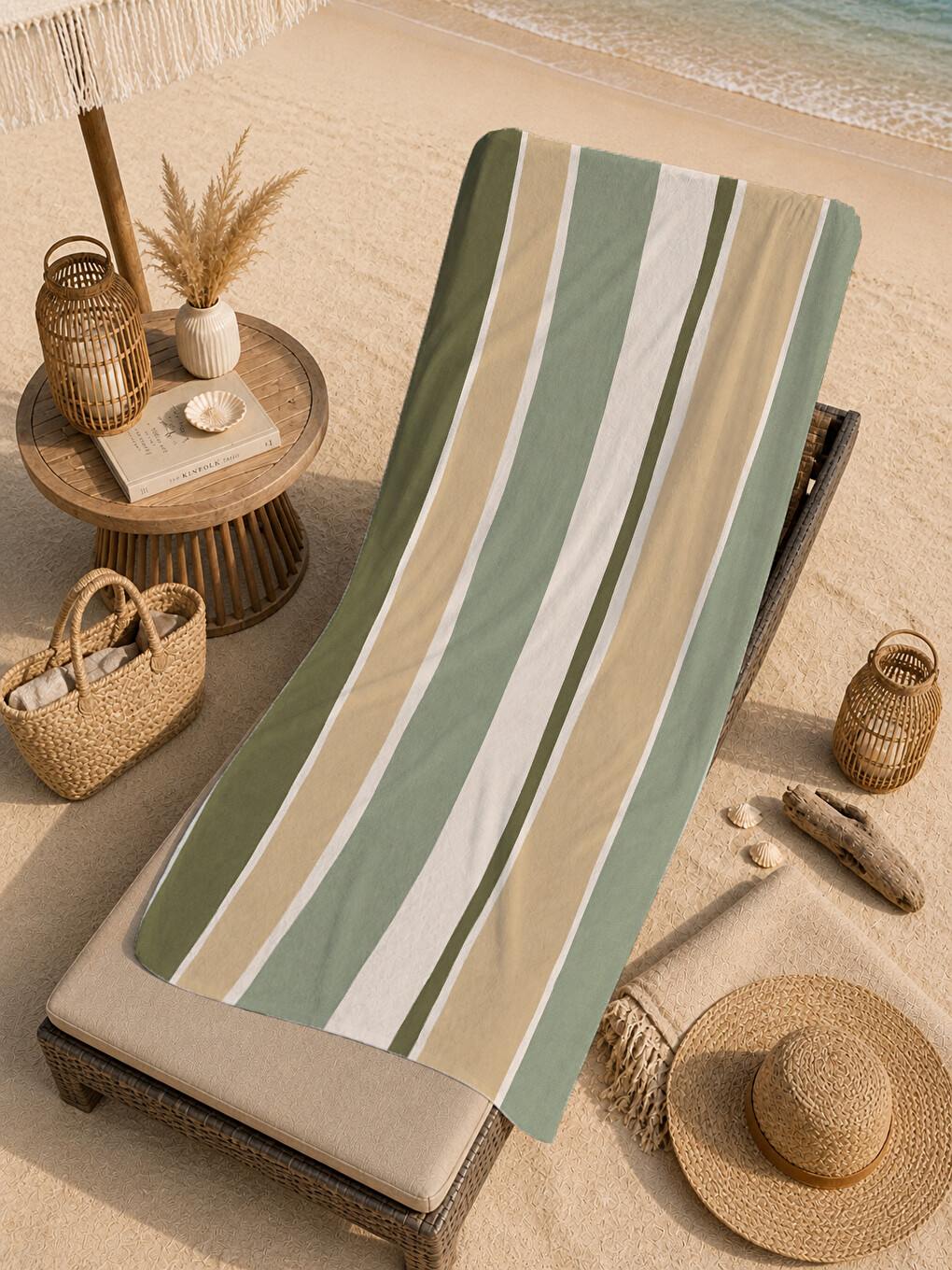 Yeşil Pastel Adaçayı Krem Dikey Çizgili Desenli 70x150 Plaj Havlusu - Dijital Baskılı Solmaz Banyo Havlusu-3