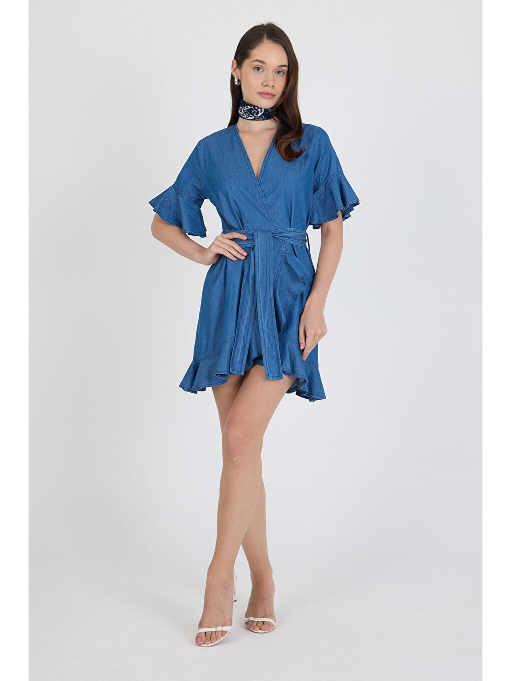 Mavi Kadın Kruvaze Önden Bağlamalı Kemerli Jean Görünümlü Elbise 1448