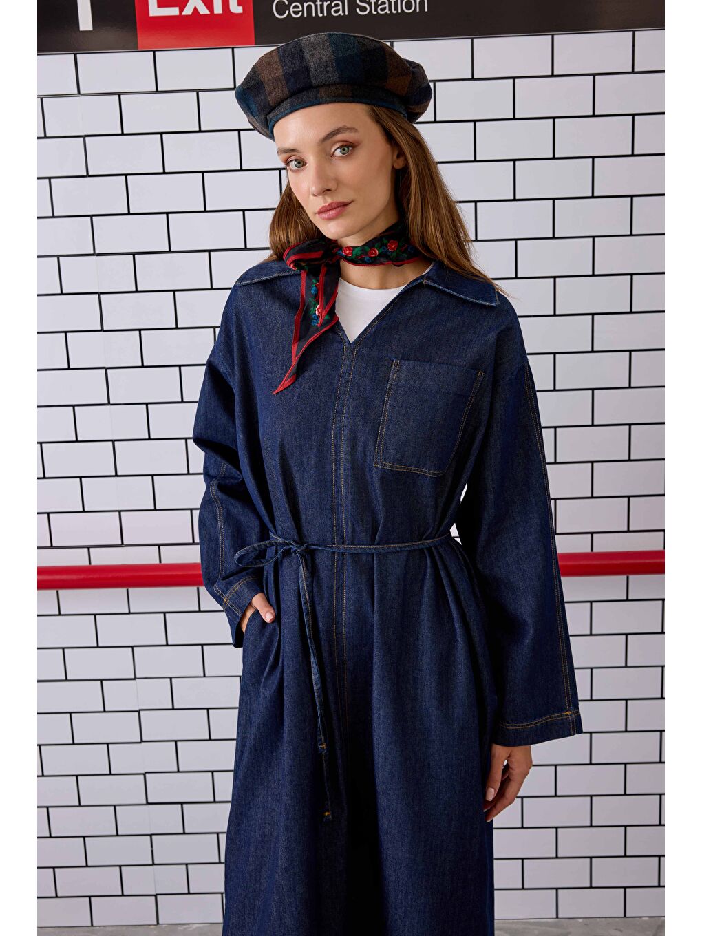 Uzun Denim Elbise Mavi-3