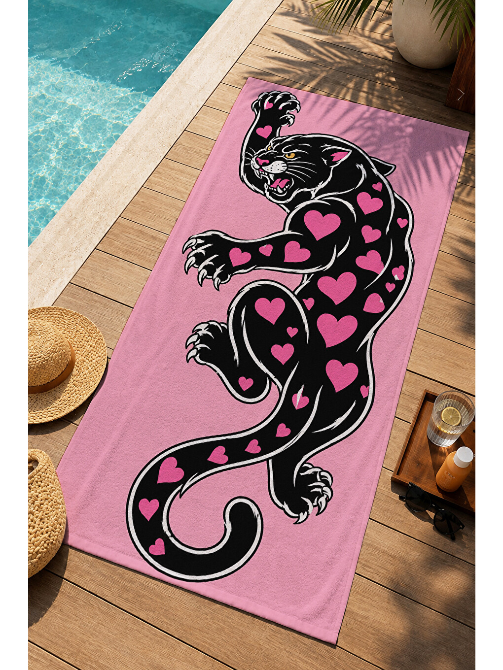 Tattoo Stil Pembe Siyah Leopar Kalp Motifli Desenli 70x150 Plaj Havlusu - Pamuklu Banyo Havlusu-3