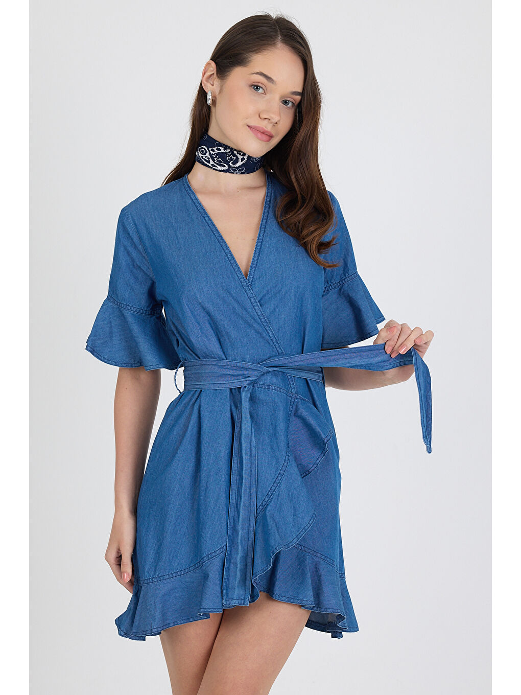 Mavi Kadın Kruvaze Önden Bağlamalı Kemerli Jean Görünümlü Elbise 1448-1
