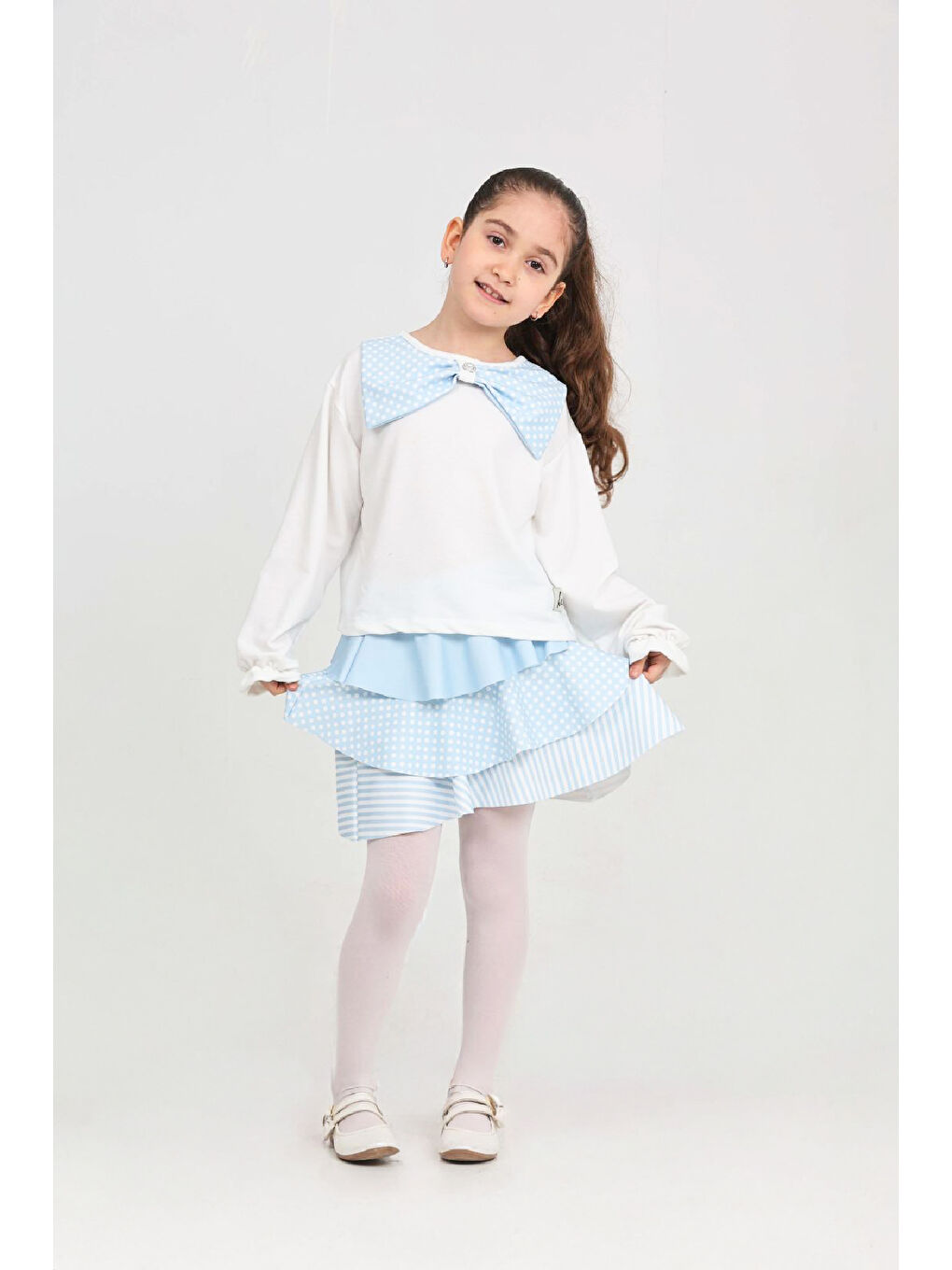 Mavi Kız Çocuk 2'li Elbise -Kat Kat Etekli ve Fiyonk Detaylı 3-12 Yaş 12520-1