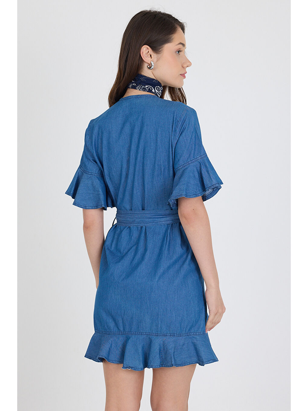 Mavi Kadın Kruvaze Önden Bağlamalı Kemerli Jean Görünümlü Elbise 1448-3