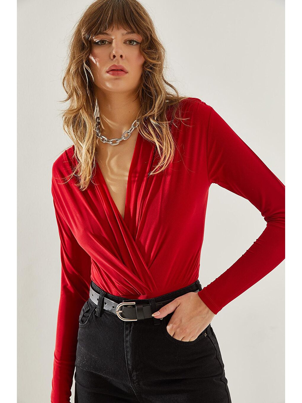Kırmızı Kadın Anvelop Yaka Çıtçıtlı Örme Bluz
