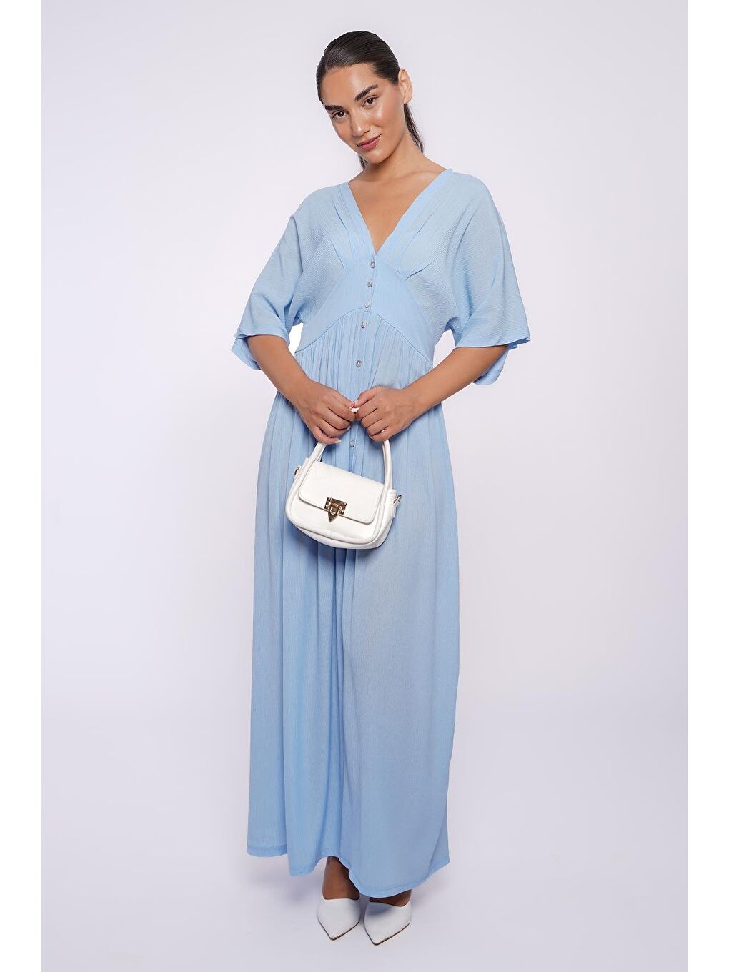 Bebe Mavisi V Yaka Düğmeli Elbise Mg2339