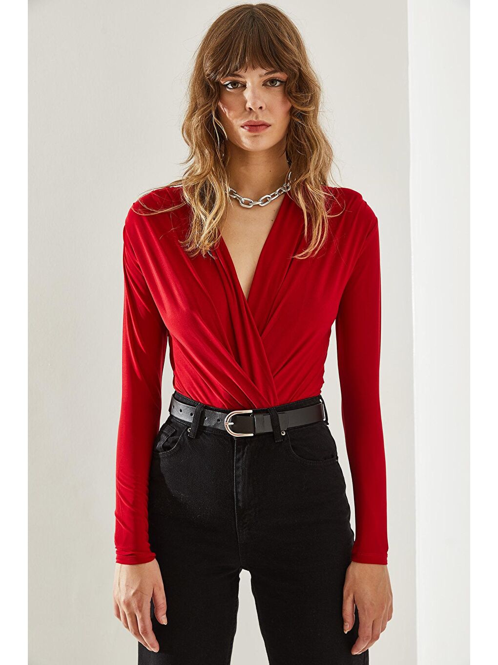 Kırmızı Kadın Anvelop Yaka Çıtçıtlı Örme Bluz-1