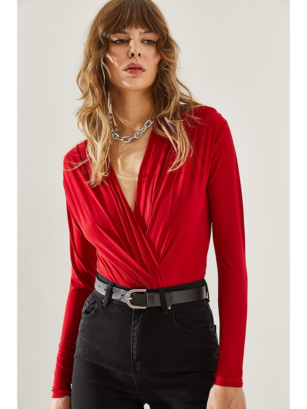 Kırmızı Kadın Anvelop Yaka Çıtçıtlı Örme Bluz-2