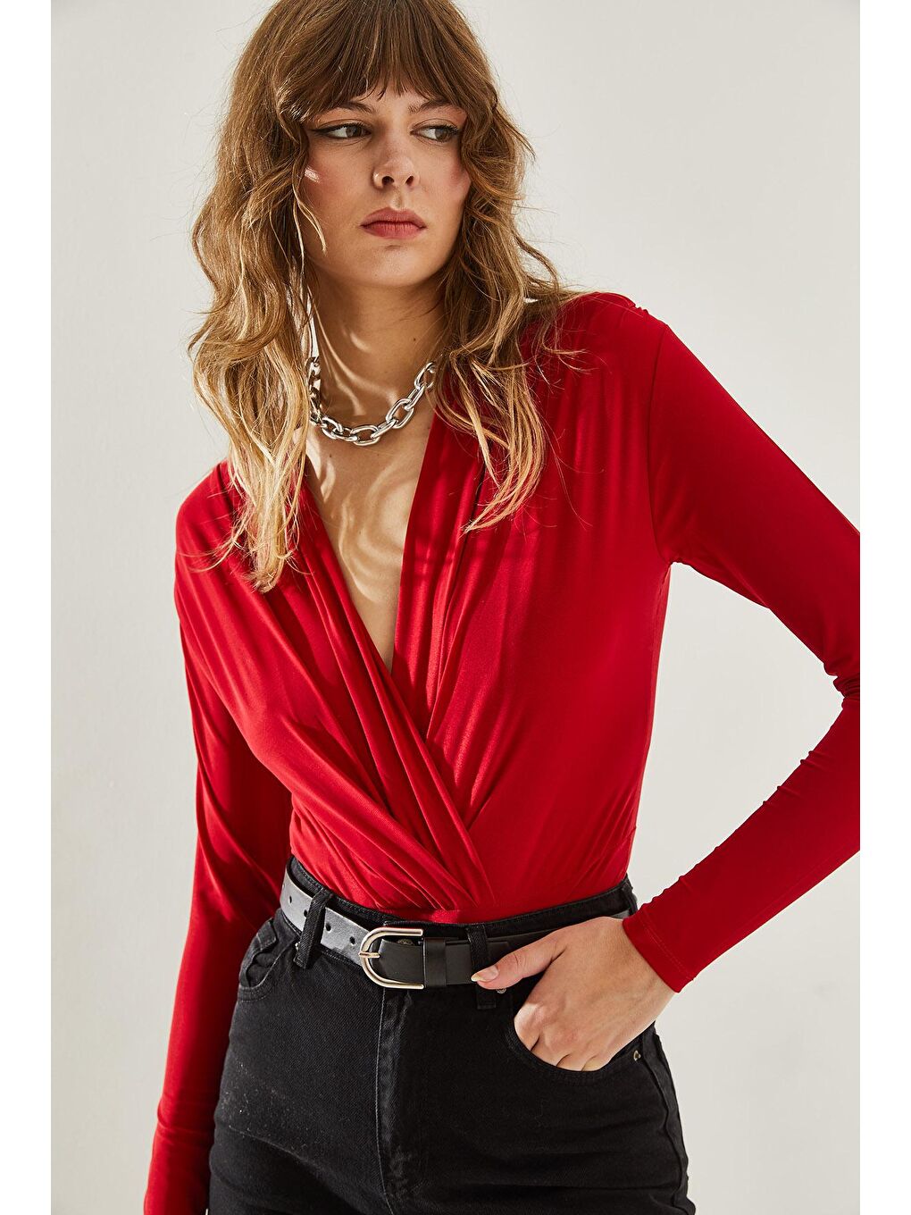 Kırmızı Kadın Anvelop Yaka Çıtçıtlı Örme Bluz-3