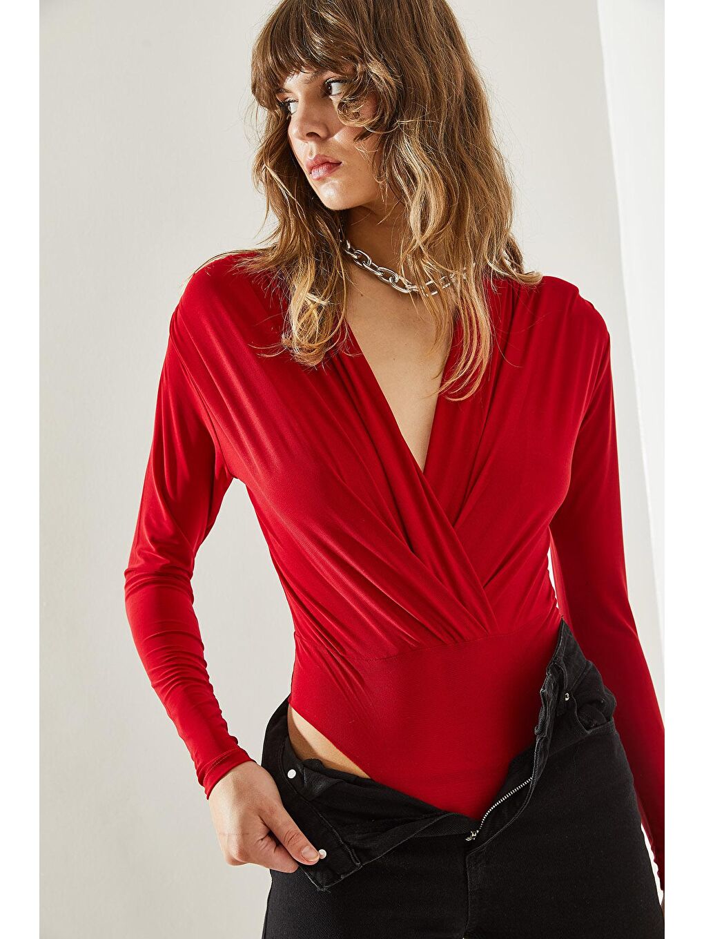 Kırmızı Kadın Anvelop Yaka Çıtçıtlı Örme Bluz-4