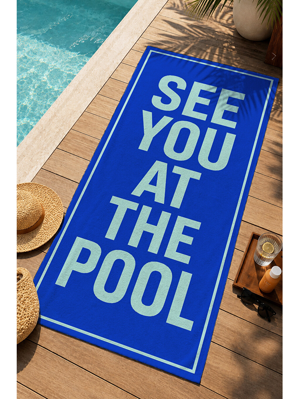 Pop Art See You At The Pool Yazılı Mavi Desenli 70x150 Plaj Havlusu - Pamuklu Banyo Havlusu-1
