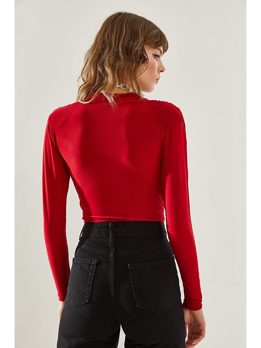 Kırmızı Kadın Anvelop Yaka Çıtçıtlı Örme Bluz-5