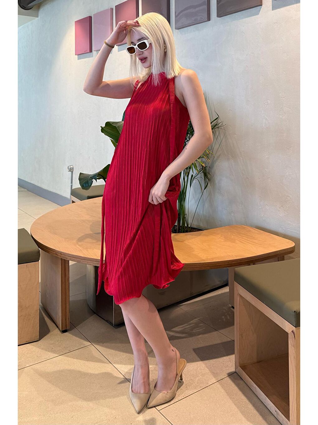 Kırmızı Halter Yaka Kadın Elbise Mg2351-1