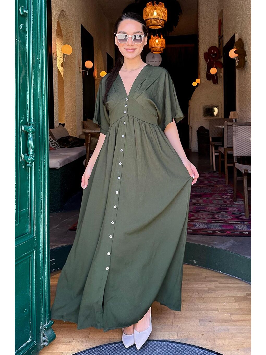 Haki V Yaka Düğmeli Elbise Mg2339