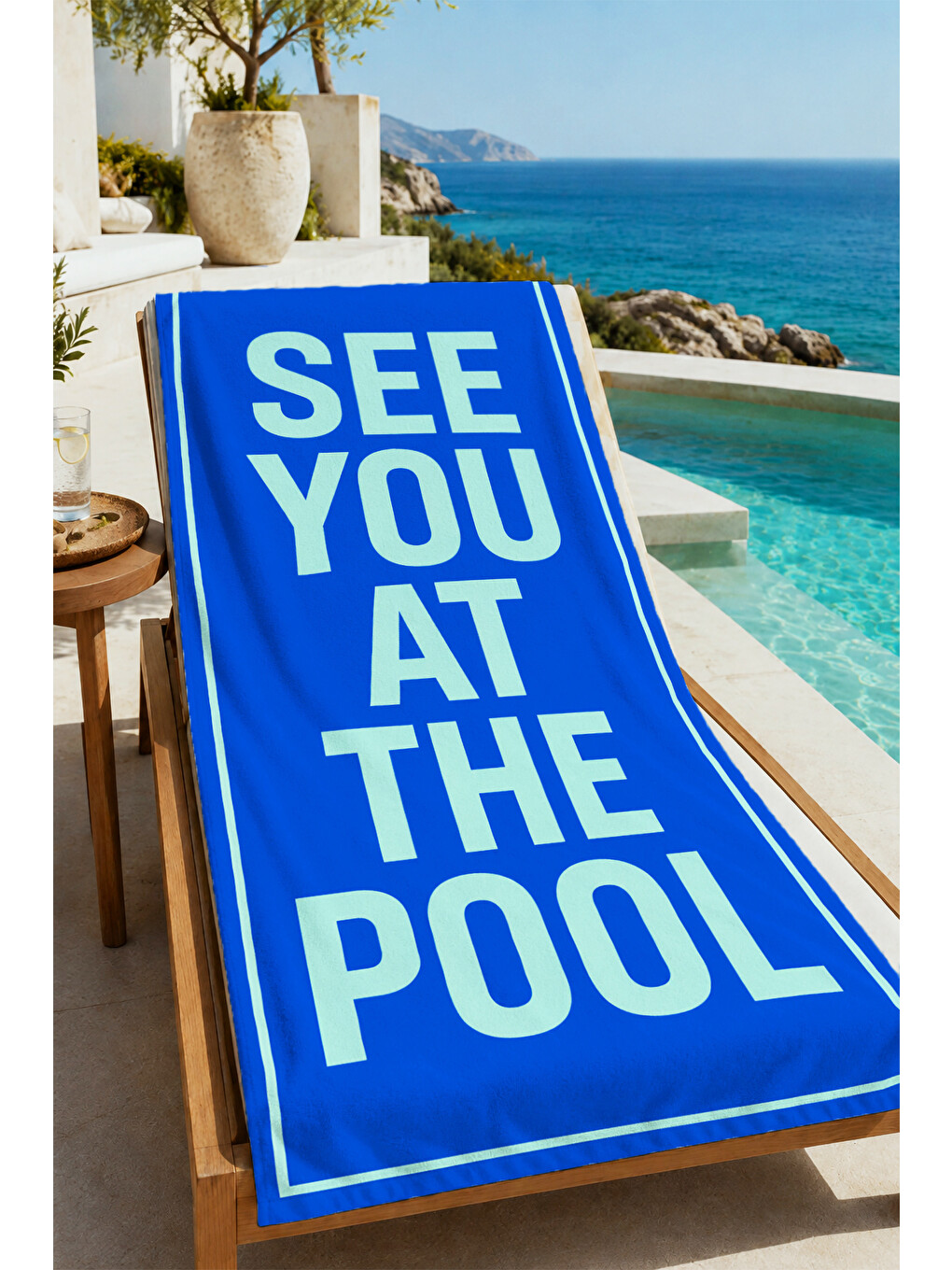 Pop Art See You At The Pool Yazılı Mavi Desenli 70x150 Plaj Havlusu - Pamuklu Banyo Havlusu-3