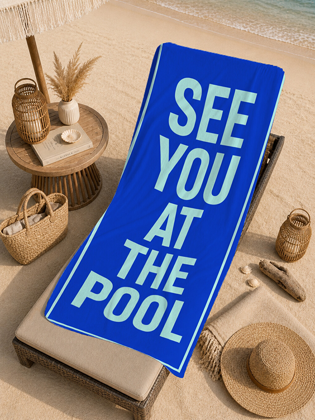 Pop Art See You At The Pool Yazılı Mavi Desenli 70x150 Plaj Havlusu - Pamuklu Banyo Havlusu-4