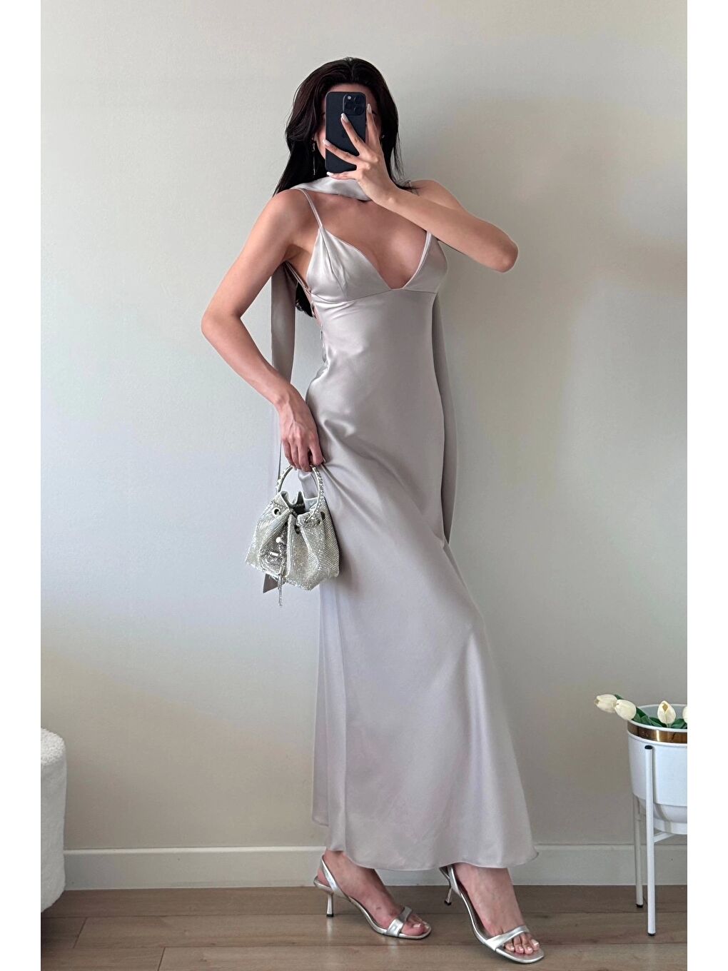Karışık Kadın Gri Askılı Uzun Elbise 1041-3263-1