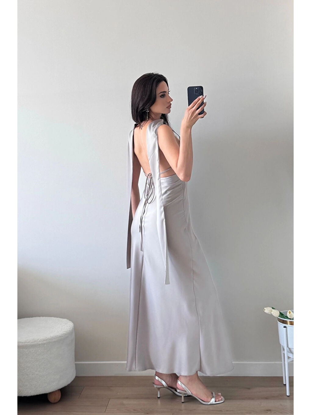 Karışık Kadın Gri Askılı Uzun Elbise 1041-3263-2