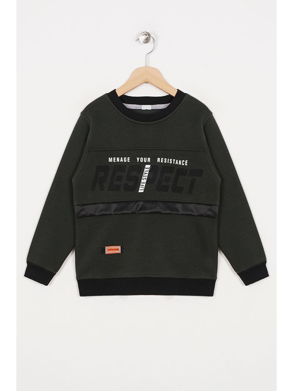 Bisiklet Yaka Uzun Kol Respect Baskılı Haki Renk Erkek Çocuk Sweatshirt