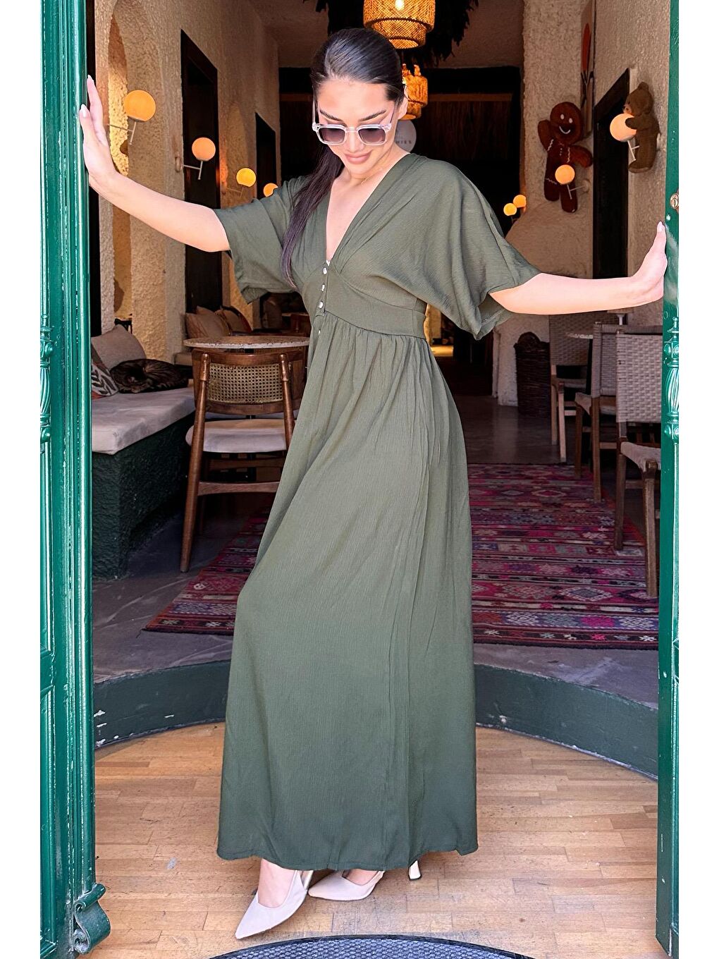 Haki V Yaka Düğmeli Elbise Mg2339-1