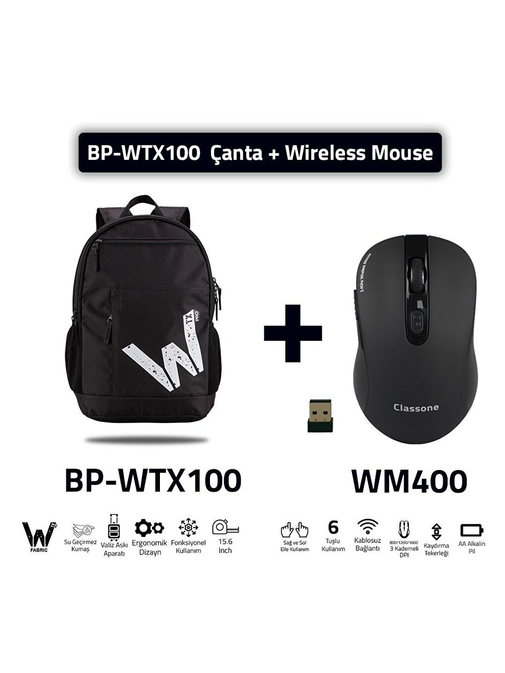 Siyah BP-WTX100 Wtxpro Su Geçirmez Kumaş 15.6" Laptop Notebook Sırt Çantası + Kablosuz Mouse-3