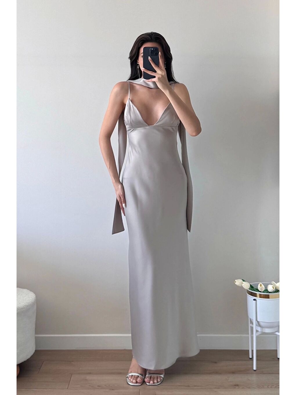 Karışık Kadın Gri Askılı Uzun Elbise 1041-3263-3