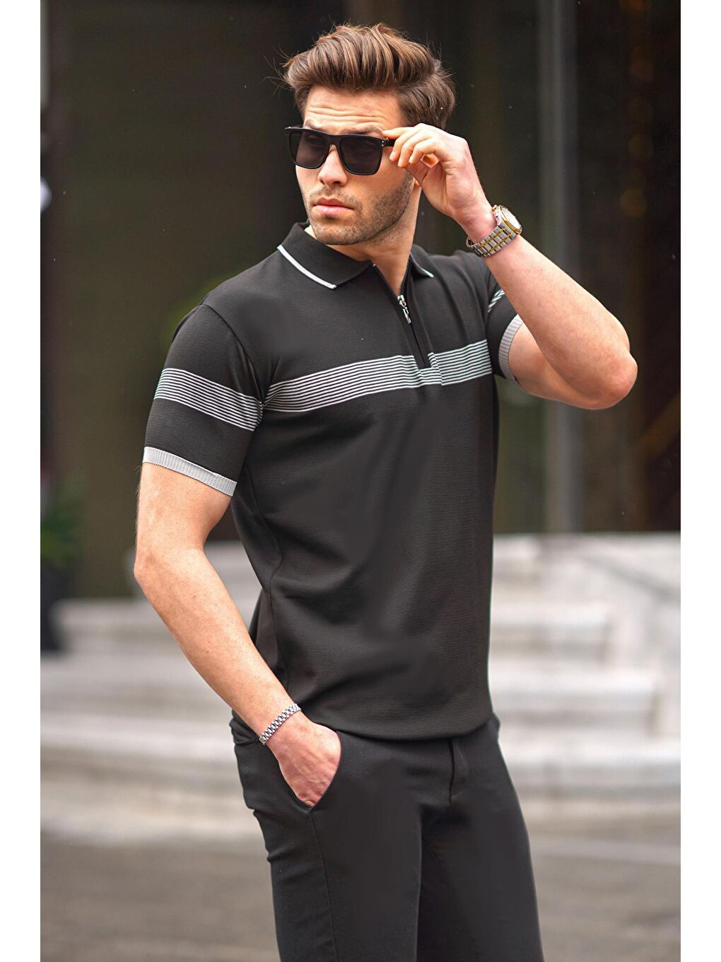 Siyah Fermuar Detaylı Polo Yaka Erkek Tişört 6879