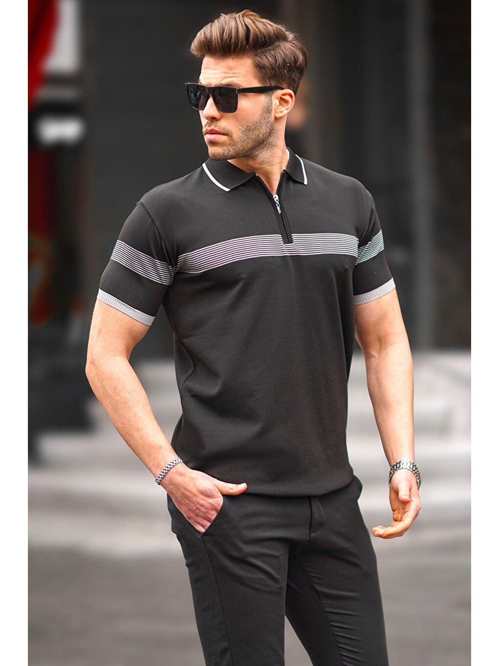 Siyah Fermuar Detaylı Polo Yaka Erkek Tişört 6879-1