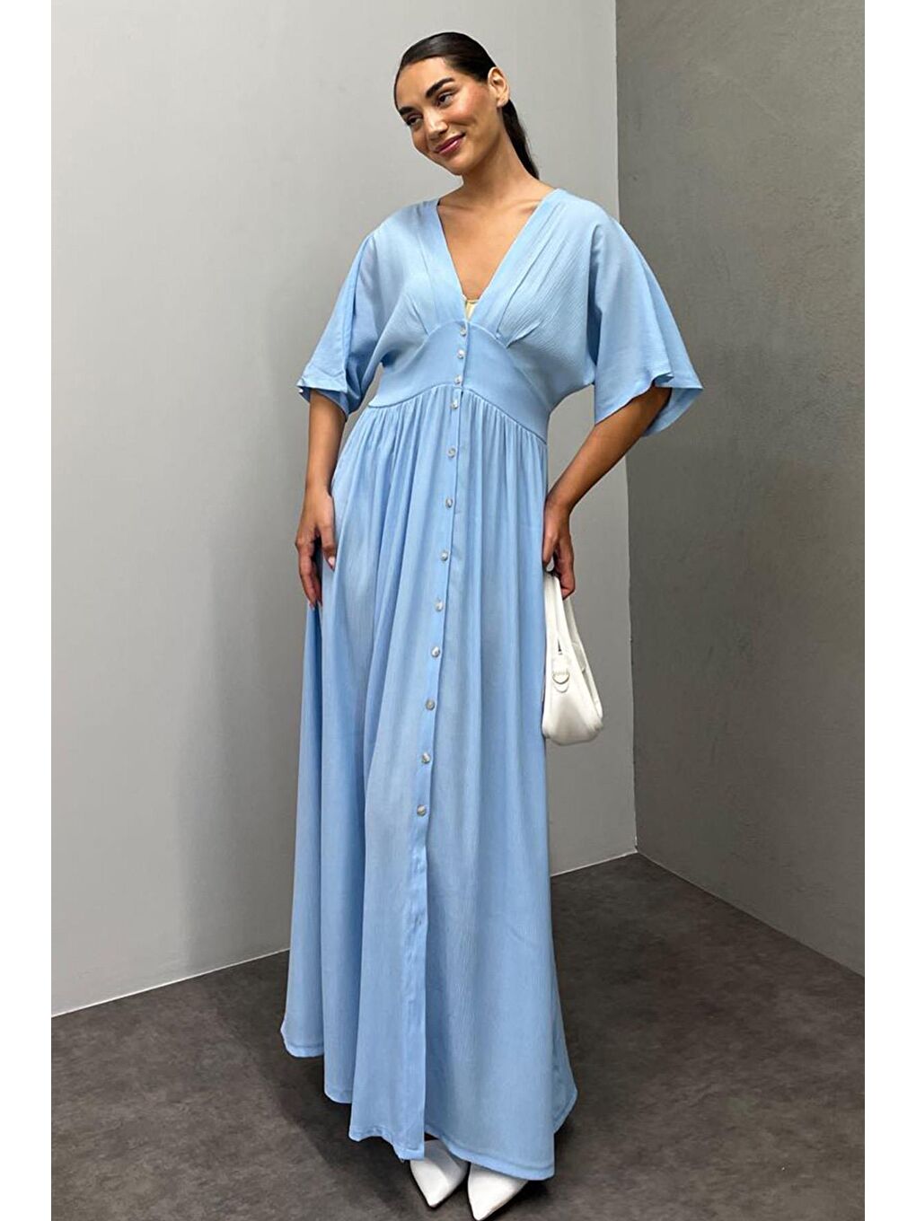 Bebe Mavisi V Yaka Düğmeli Elbise Mg2339-1