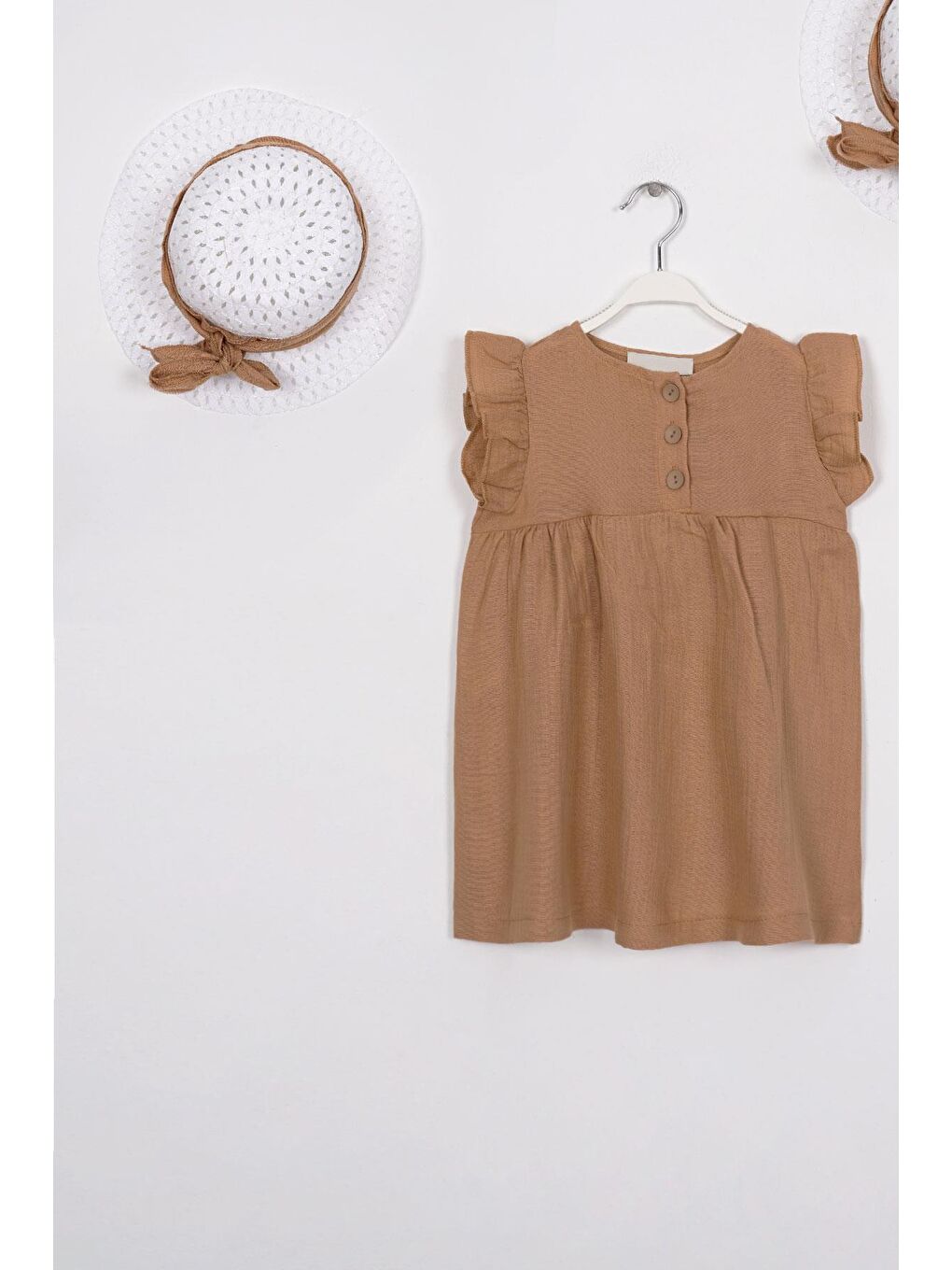 Kahverengi Önü Düğmeli Camel Renk Kız Çocuk Elbise