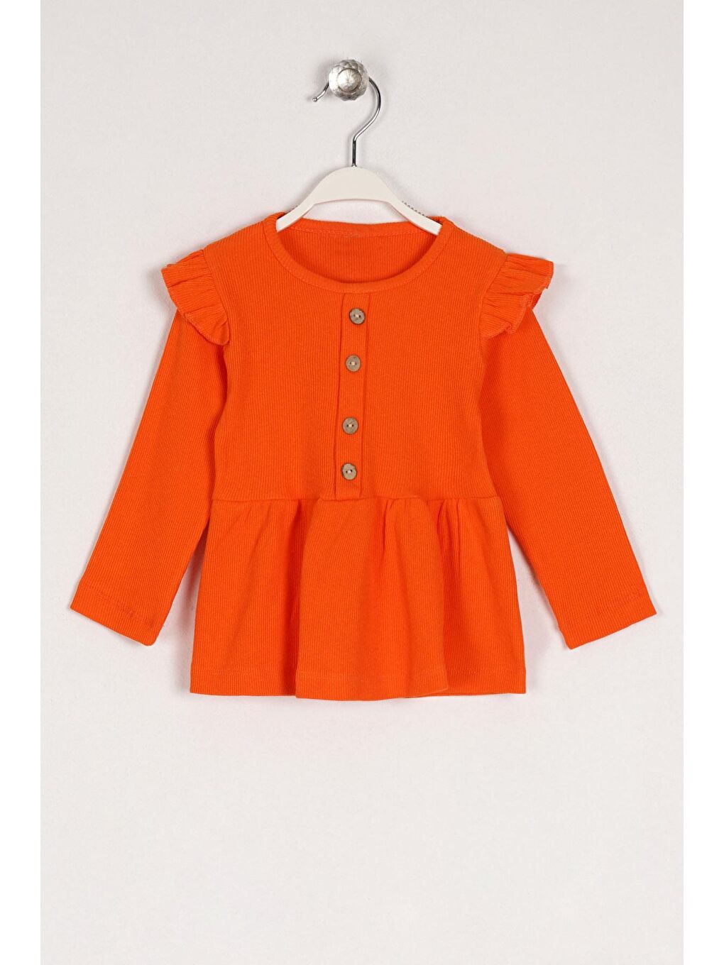 Turuncu Bisiklet Yaka Uzun Kol Düğme Detaylı Omuz Fırfırlı Oranj Renk Kız Çocuk Elbise