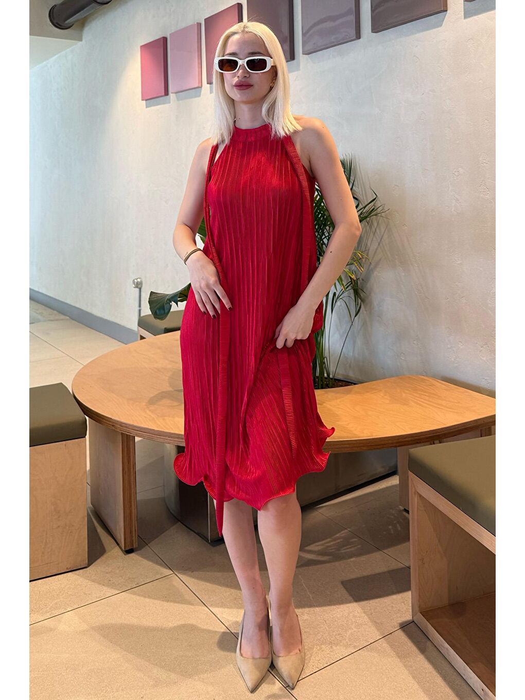 Kırmızı Halter Yaka Kadın Elbise Mg2351-2