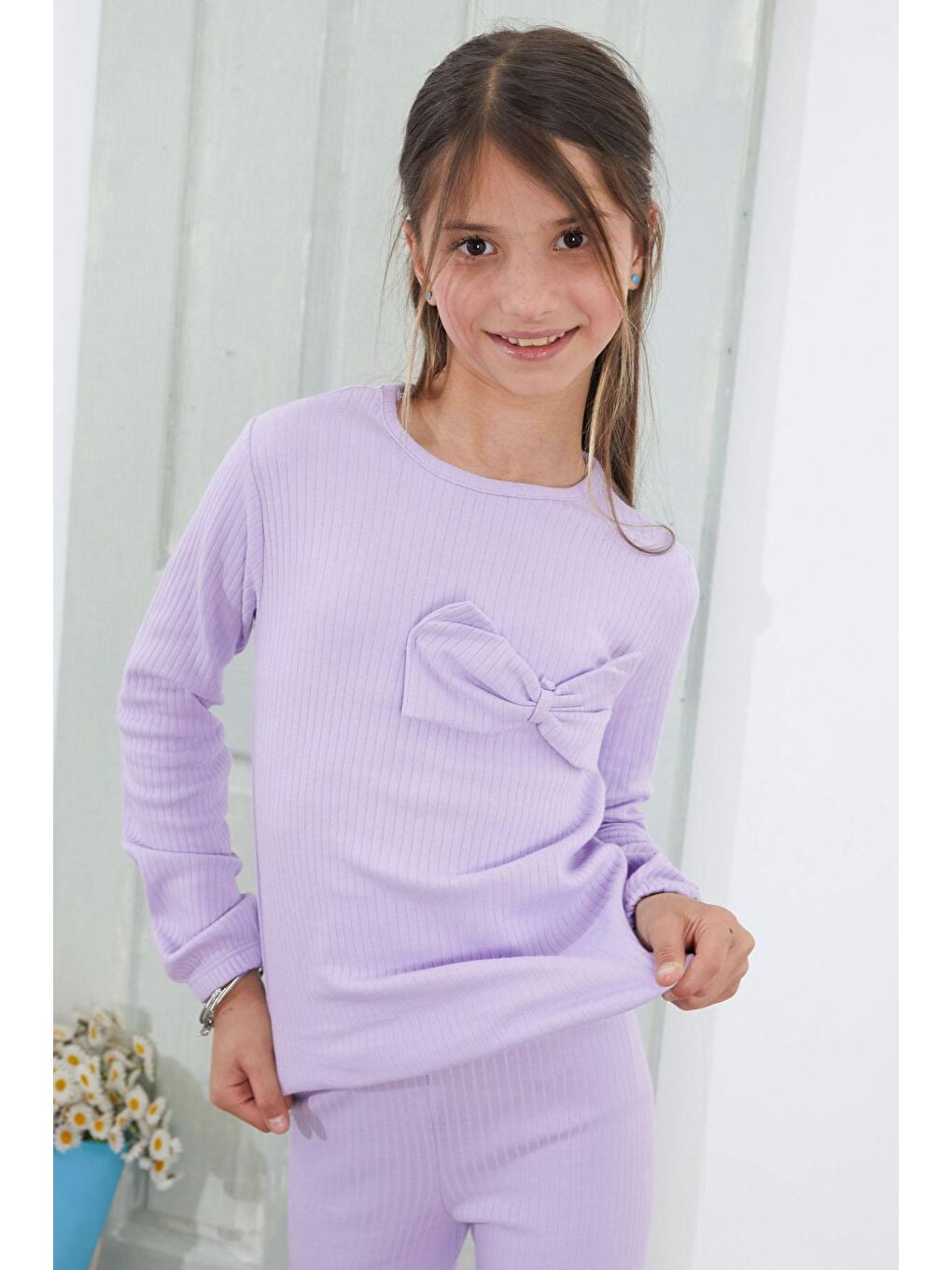 Kız Çocuk Lila Fiyonklu İspanyol Paça Taytlı Takım 18613-1