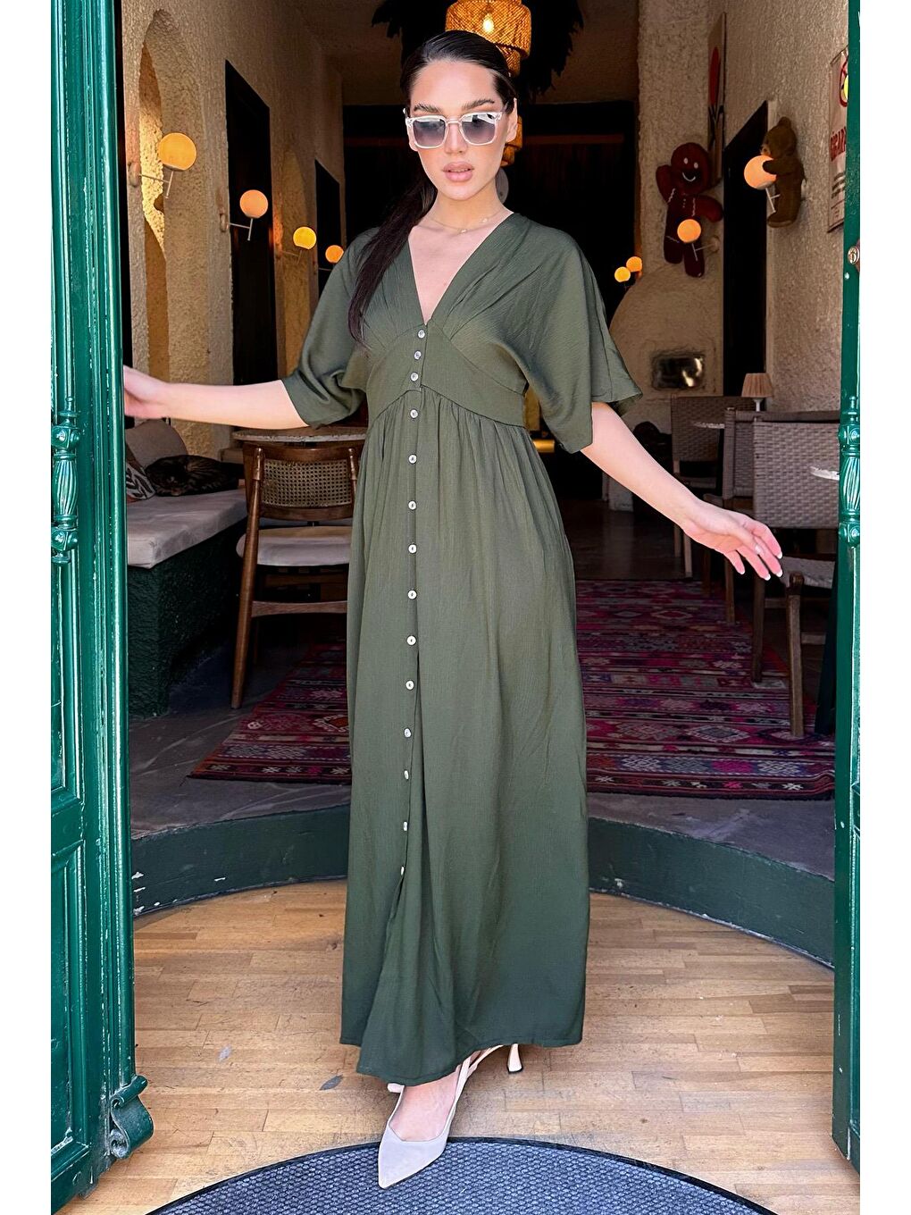 Haki V Yaka Düğmeli Elbise Mg2339-2