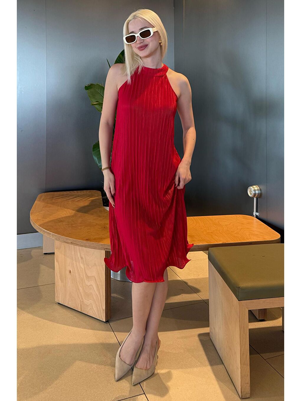 Kırmızı Halter Yaka Kadın Elbise Mg2351-3