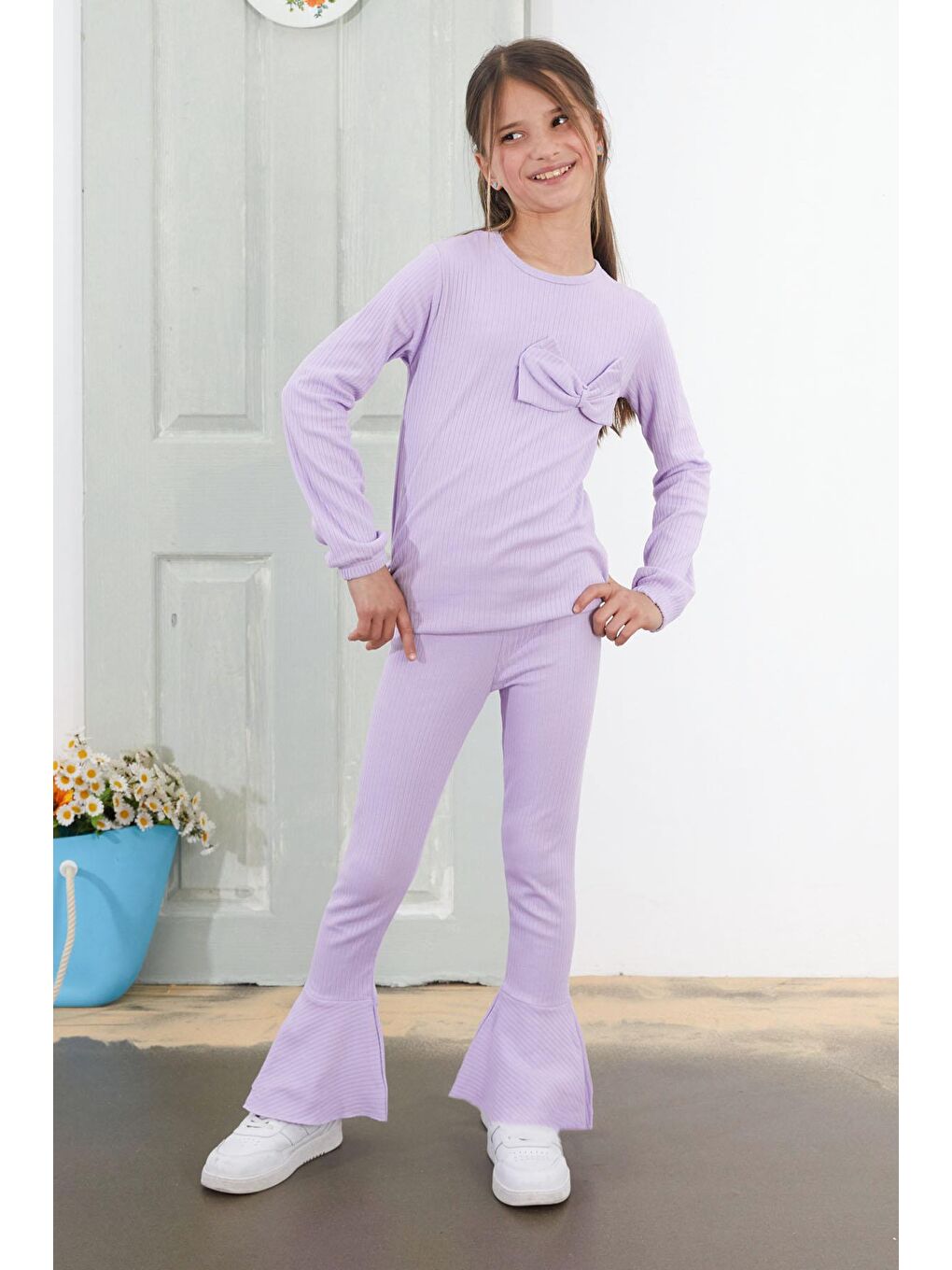 Kız Çocuk Lila Fiyonklu İspanyol Paça Taytlı Takım 18613-2
