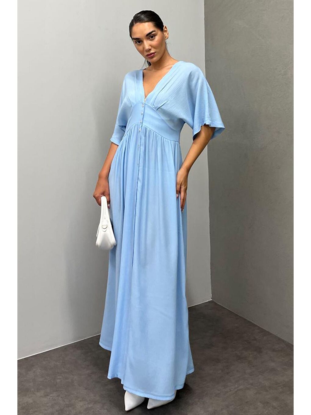 Bebe Mavisi V Yaka Düğmeli Elbise Mg2339-2