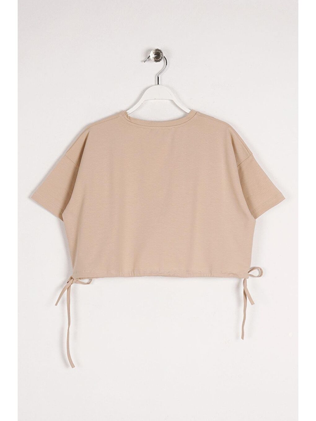 Bisiklet Yaka Kısa Kol Hello New Day Yazılı Bej Renk Kız Çocuk Tshirt-1