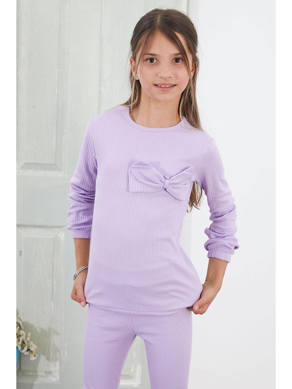 Kız Çocuk Lila Fiyonklu İspanyol Paça Taytlı Takım 18613-4