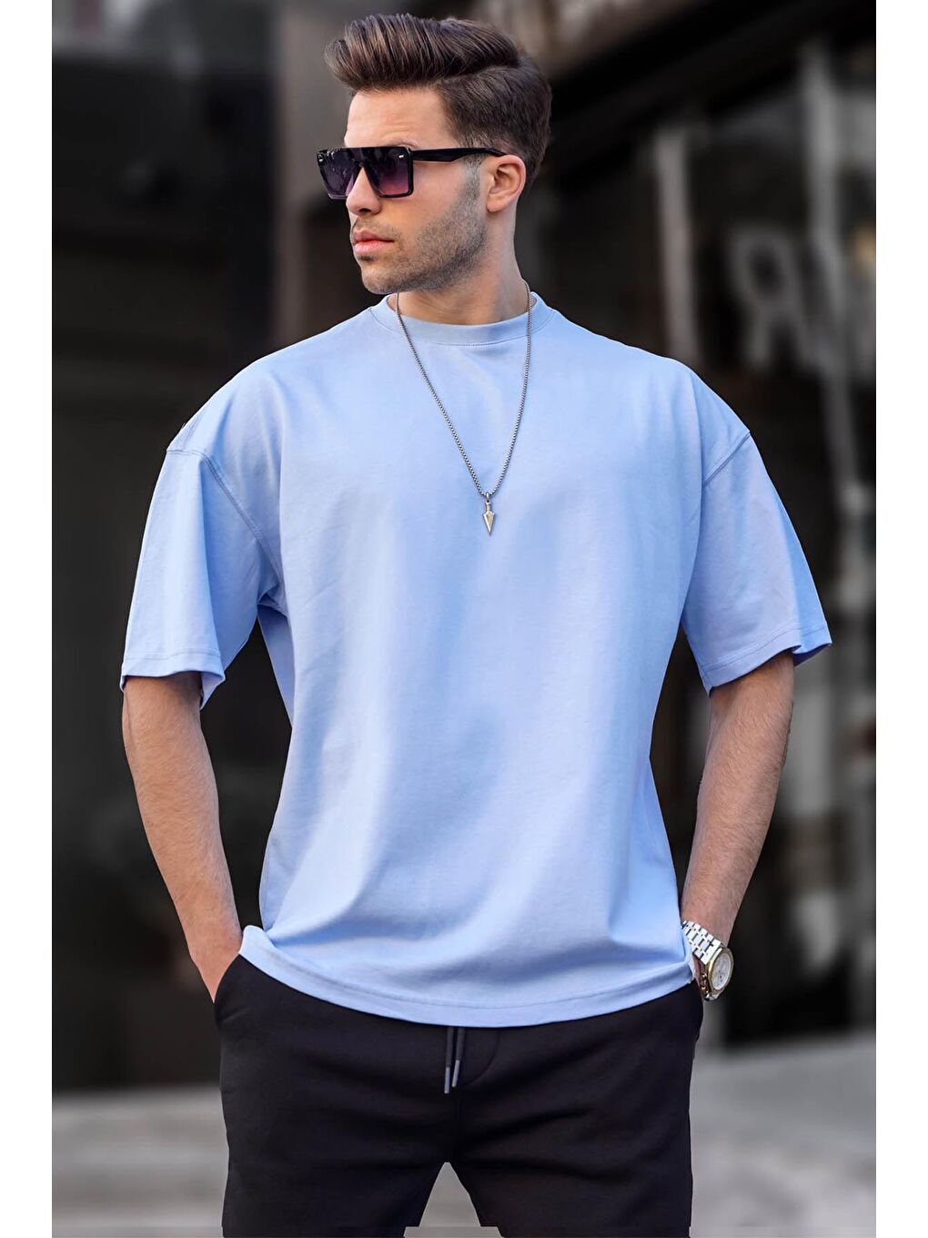 Erkek Bebe Mavisi Oversize Fit Basic %100 Pamuk Tişört 6066