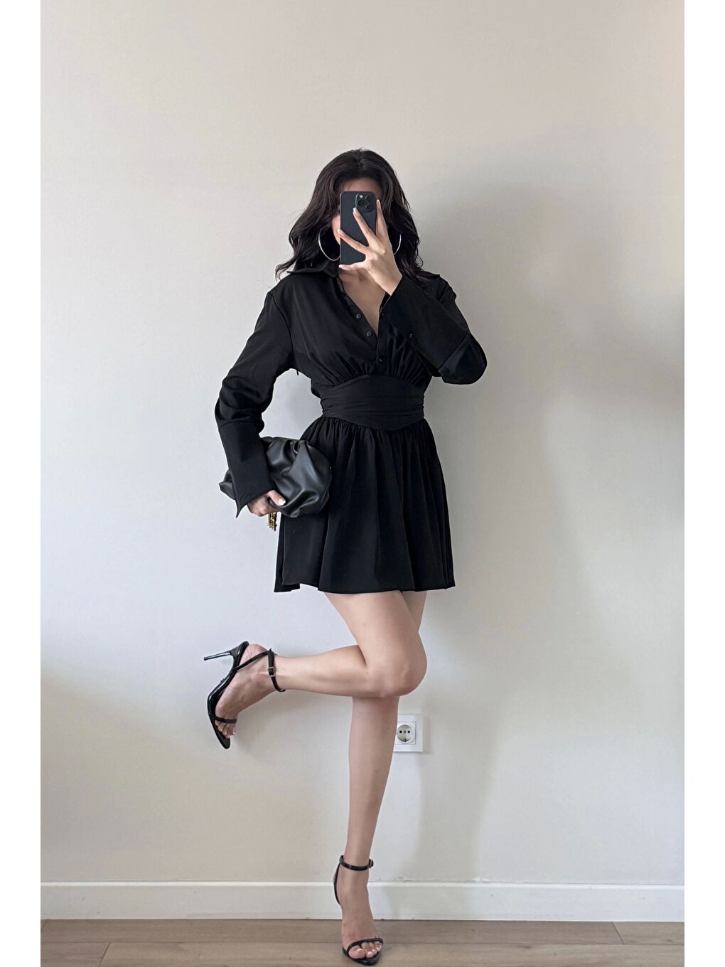 Kadın Siyah Gömlek Elbise 1041-2677-2