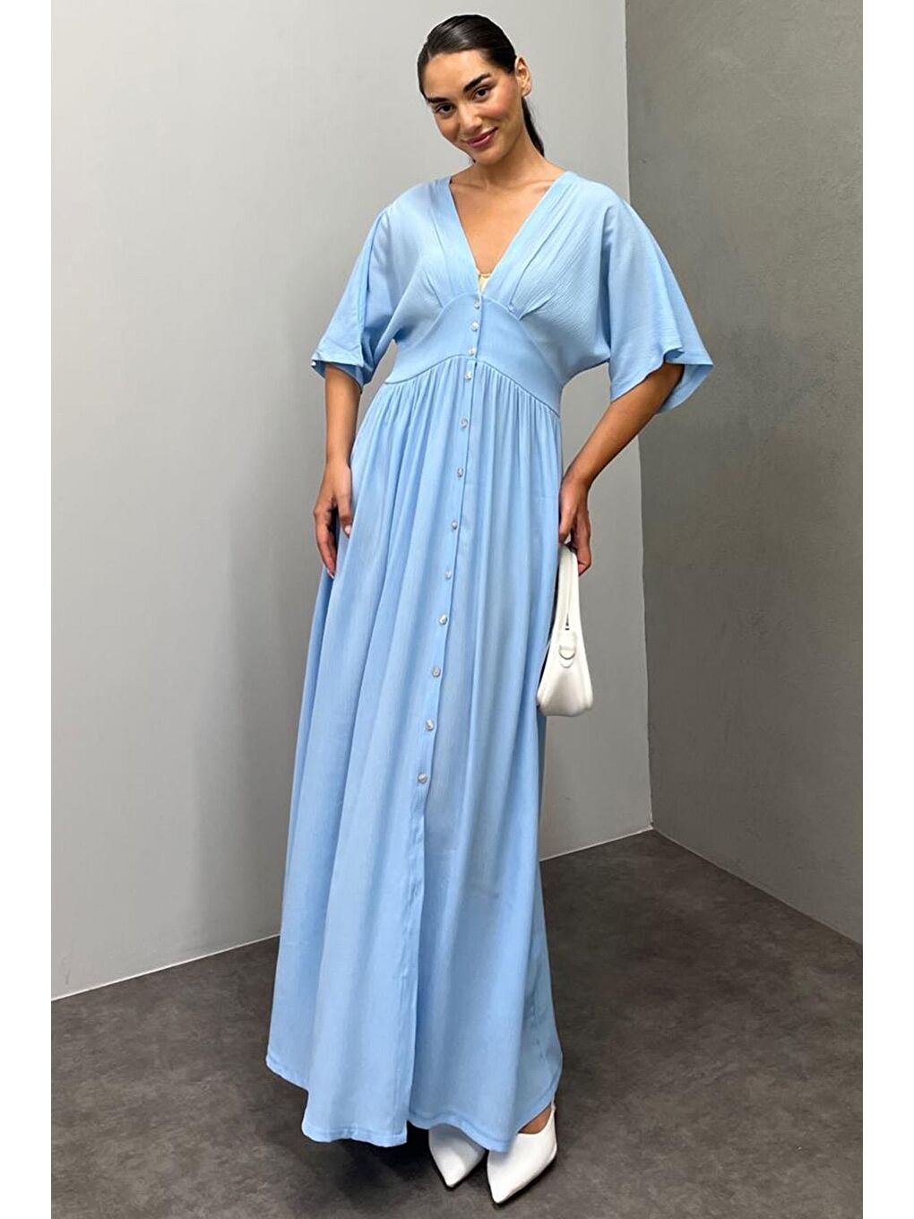 Bebe Mavisi V Yaka Düğmeli Elbise Mg2339-3