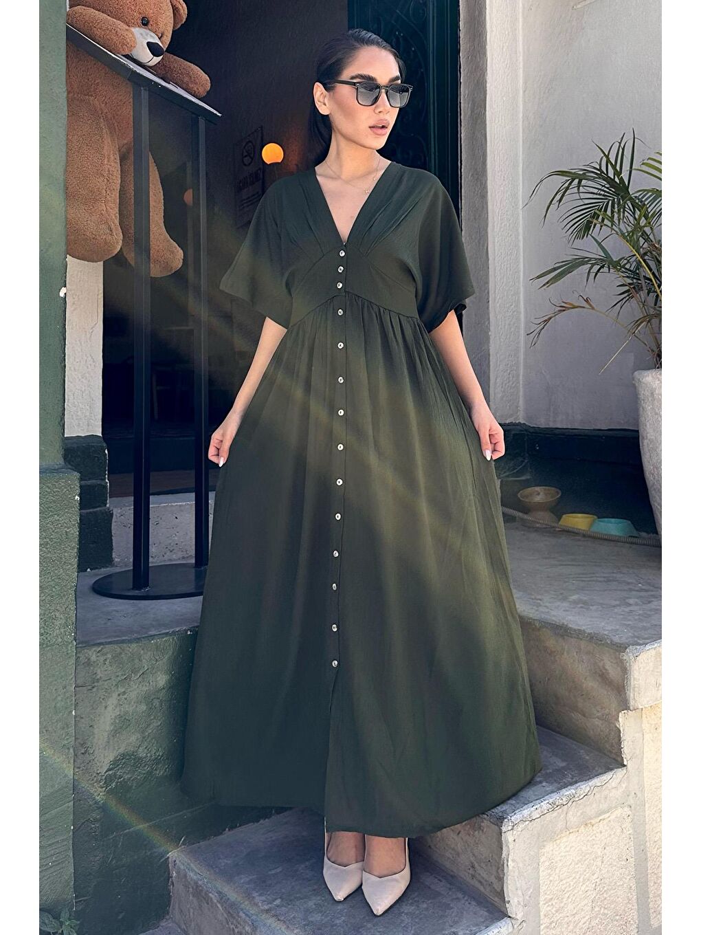 Haki V Yaka Düğmeli Elbise Mg2339-3