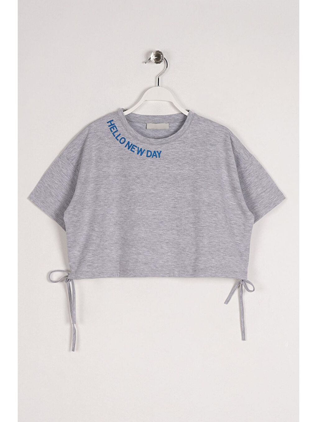 Bisiklet Yaka Kısa Kol Hello New Day Yazılı Gri Melanj Renk Kız Çocuk Tshirt