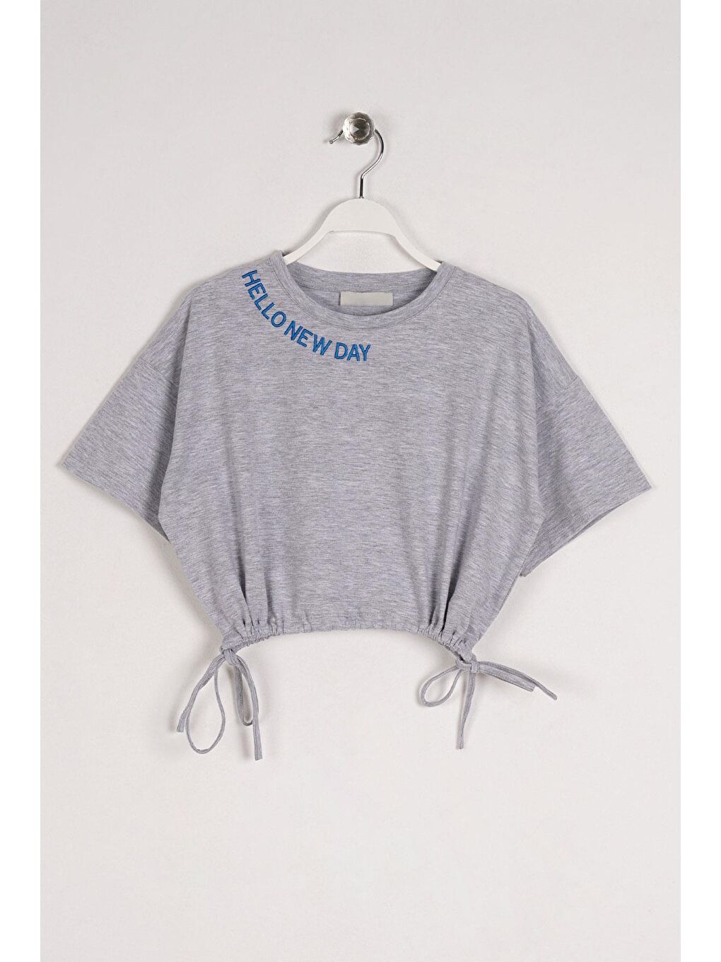Bisiklet Yaka Kısa Kol Hello New Day Yazılı Gri Melanj Renk Kız Çocuk Tshirt-3