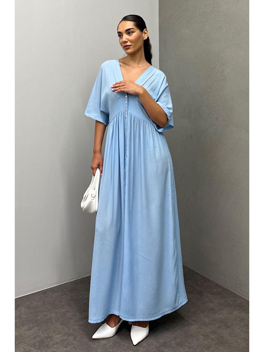 Bebe Mavisi V Yaka Düğmeli Elbise Mg2339-4