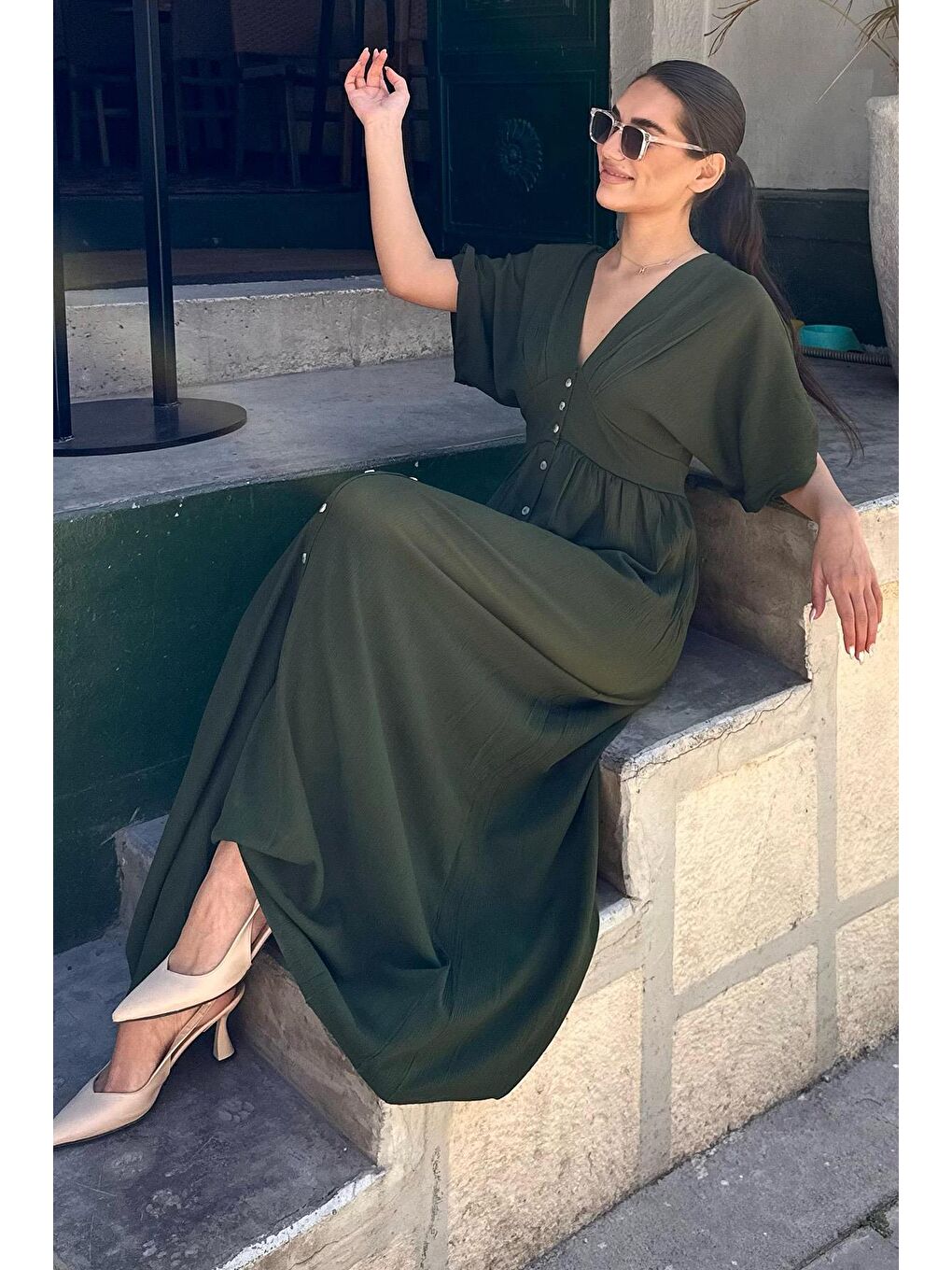 Haki V Yaka Düğmeli Elbise Mg2339-4